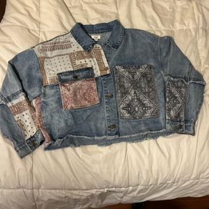 Easel Los Angeles cut off jean jacket with bandana patchwork